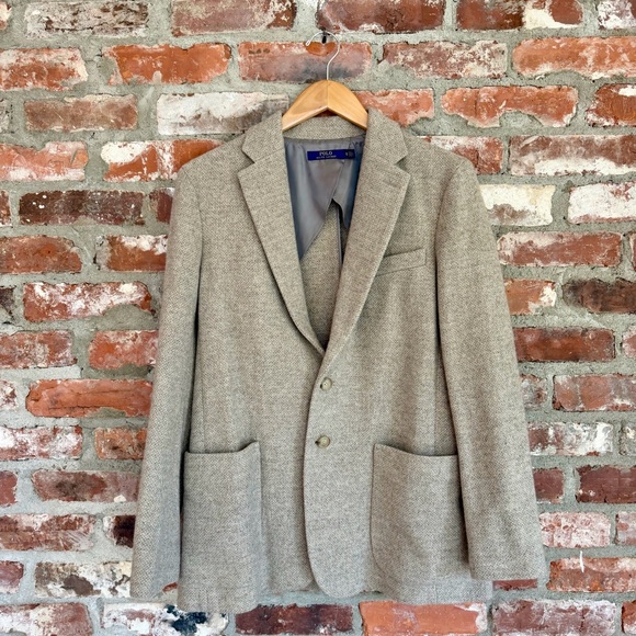 Polo Ralph Lauren Wool‎ Silk Blend Blazer Jacket Beige Tweed Size 12 - Picture 2 of 14